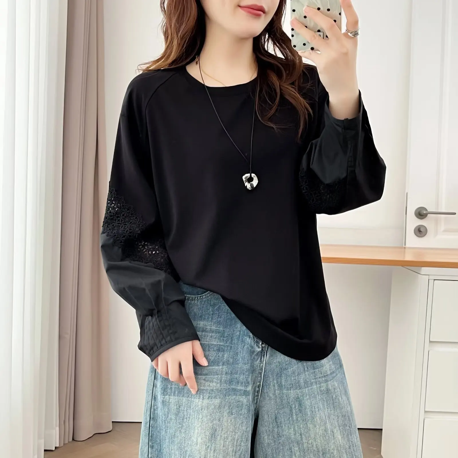 Fashion Plus Size Women's Tops For The Autumn 2025 Lace Patchwork Long Sleeve Stylish Ponte De Roma Knit Fabric T-Shirt 953