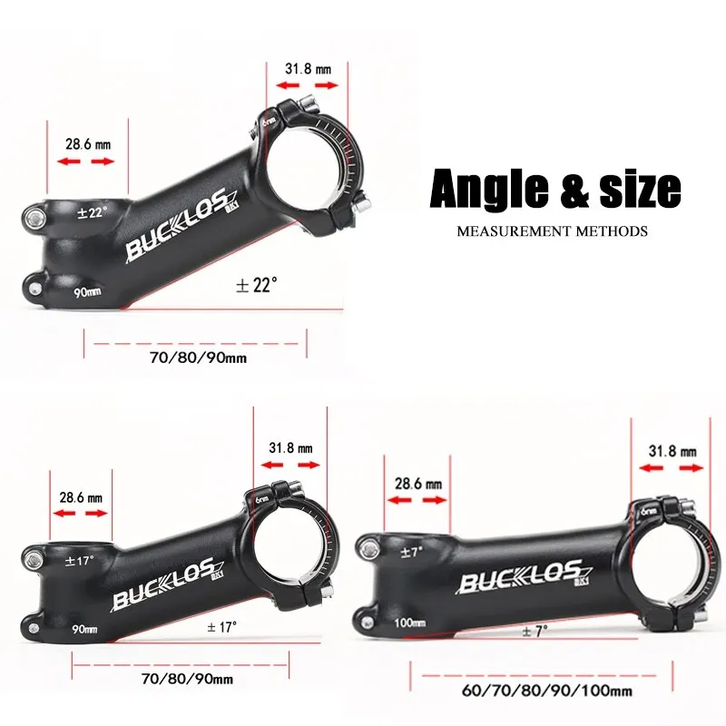 Bicycle Stem BUCKLOS 31.8mm 7/17/22 Degree Mountain Bike Handlebar Stem 80/90/100mm Aluminum Alloy MTB Cycling Parts