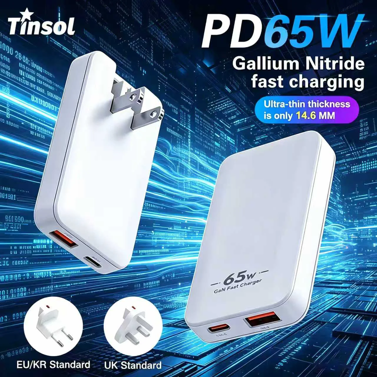 TINSOL Ultraflaches PD 65W Galliumnitrid-Ladegerät USA/EU/Korea/UK USB-C Dual-Port Schnellladegerät, Multi-Länder Reisestecker
