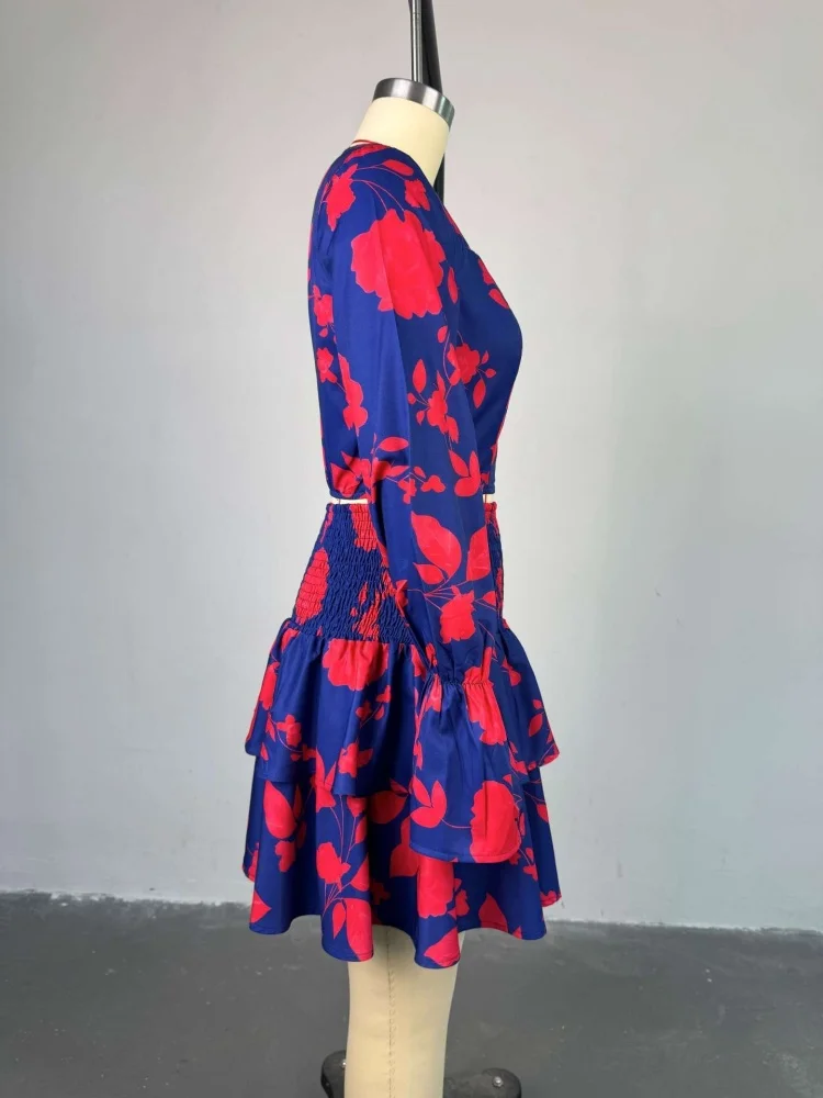 Wmstar Two Piece Set Women Wholesale Clothing 2025 Sweet Fresh Printed Square Neck Long Sleeved Shirt High Waisted Ruffled