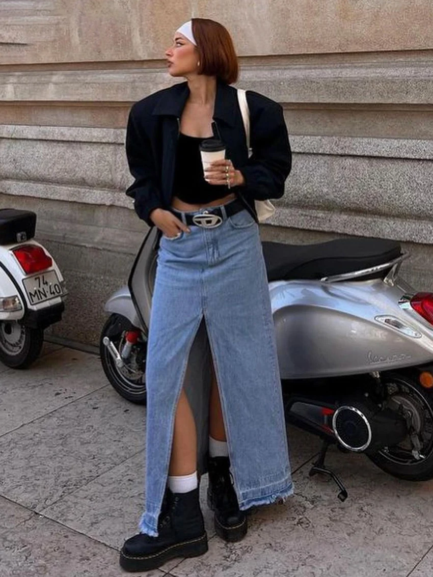 

Fashion Blue Denim Skirts For Women Elegant High Waist Slit Long Skirt Streetwear Casual Chic Faldas Female Clothing