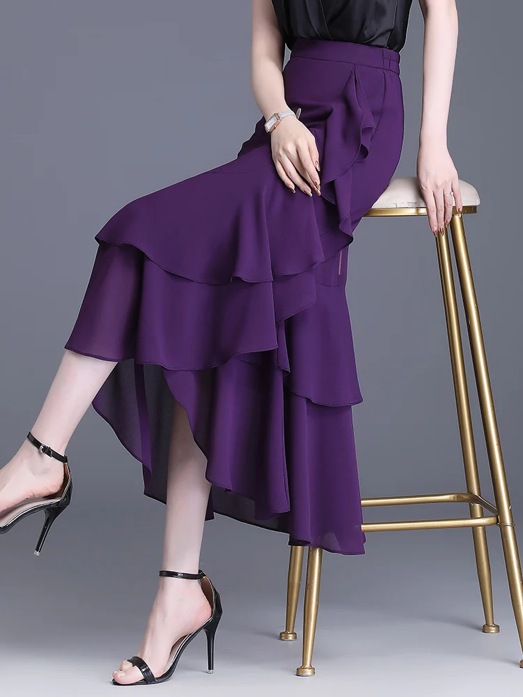 ZUZK Fashion Irregular Fishtail Chiffon Skirts Elegant High Waist Summer Luxury Party Skirt Female Ruffles Long Skirts 2