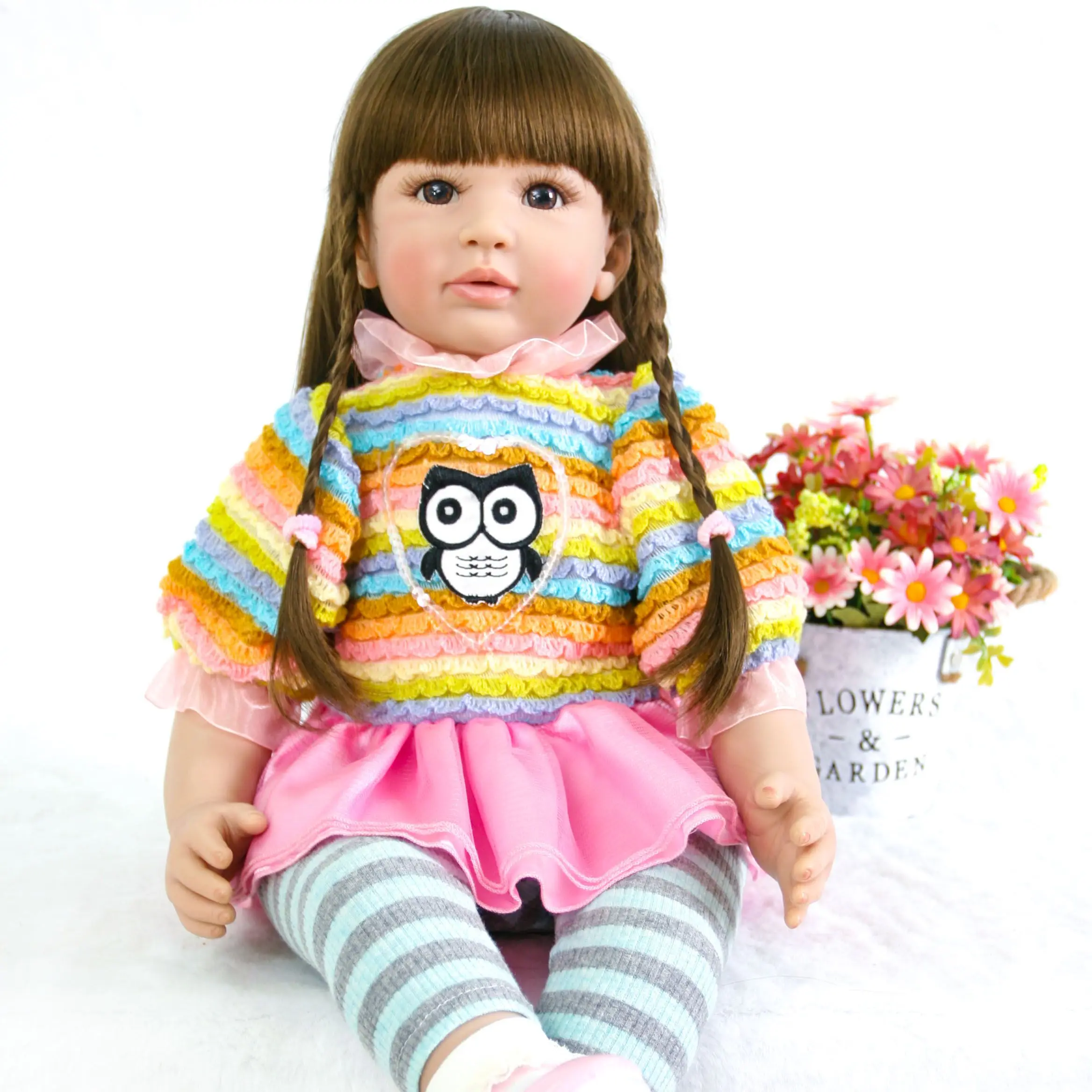 60CM 24 Inch Lifelike Reborn Baby Girl Doll Soft Silicone Long Brown Hair Realistic Princess Toddler Bebe Boneca Birthday Gift