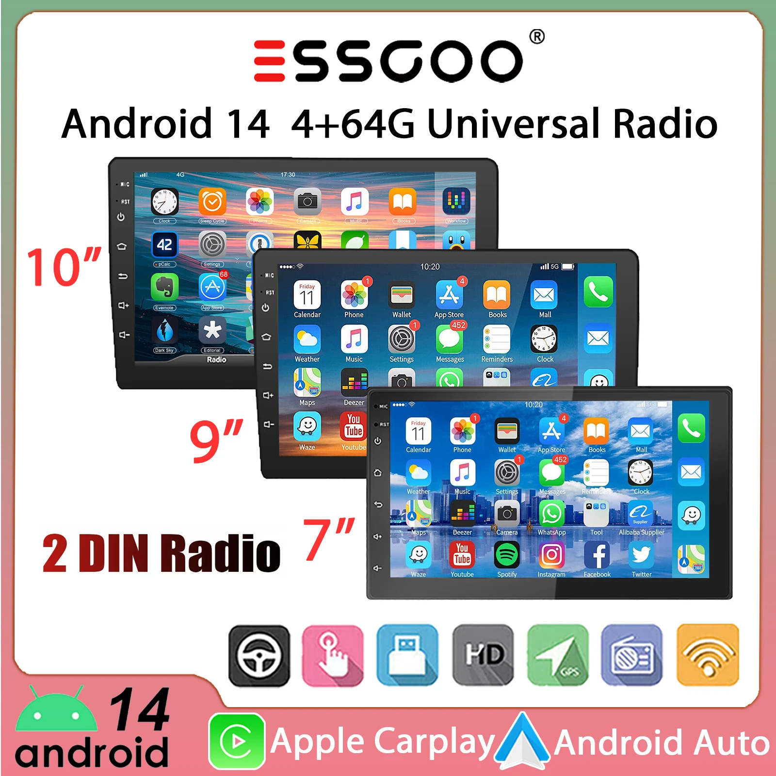 Essgoo 2 din universal android 14 7 9 10 polegadas rádio do carro gps nav carplay android auto para tesla nissan hyundai toyota vw wifi bt