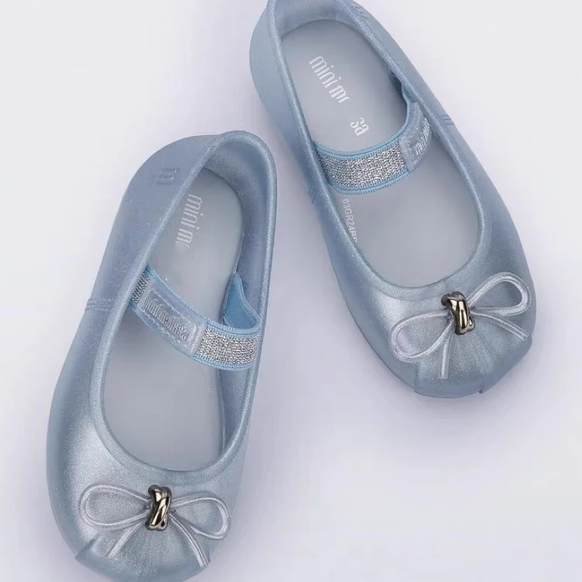 Mini Melissa Brand Children's Jelly Shoes Autumn Baby Kids Thin Bow Ballet Flat Shoes Girls Non-slip Soft Sole Beach Shoes 2