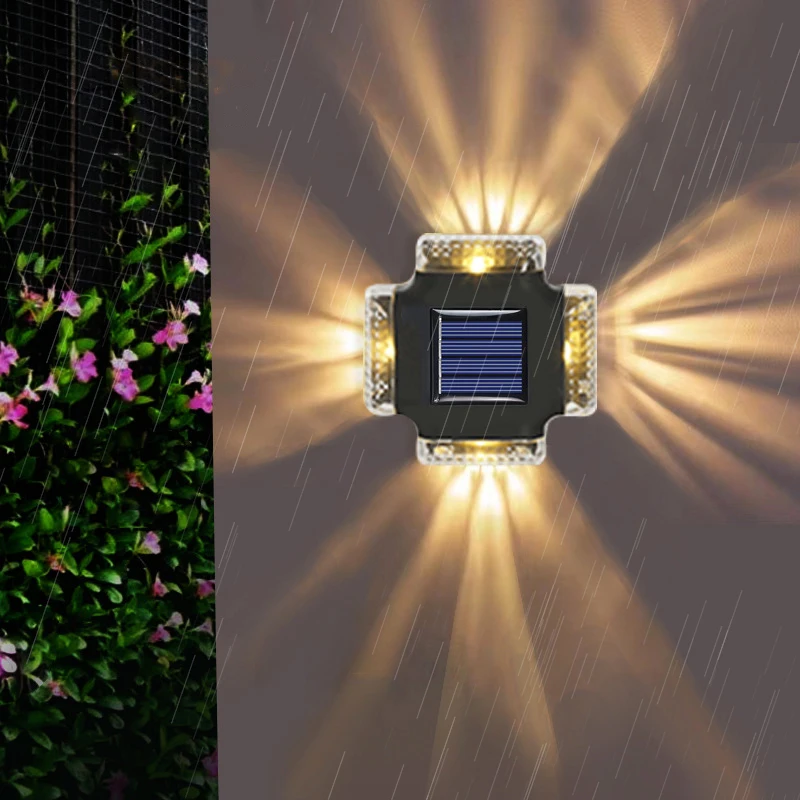 

Solar Wall Lamp Four Sides Spotlight LED Sunlight Light Outdoor Waterproof Up and Down Luminous Lighting Garden Yard Fence Decor