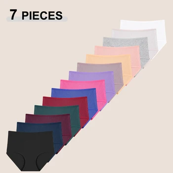 7Pcs Women's Cotton Panties Solid Color Plus Size Briefs Female Mid Waist High Elastic Underwear Cozy Breathable Lingerie S-2XL 1