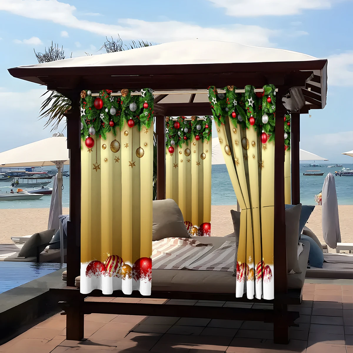 1PC New Fashionable, Simple and  Christmas bell Home Decoration Print Perforated Waterproof Curtain, Machine Washable, Su 5