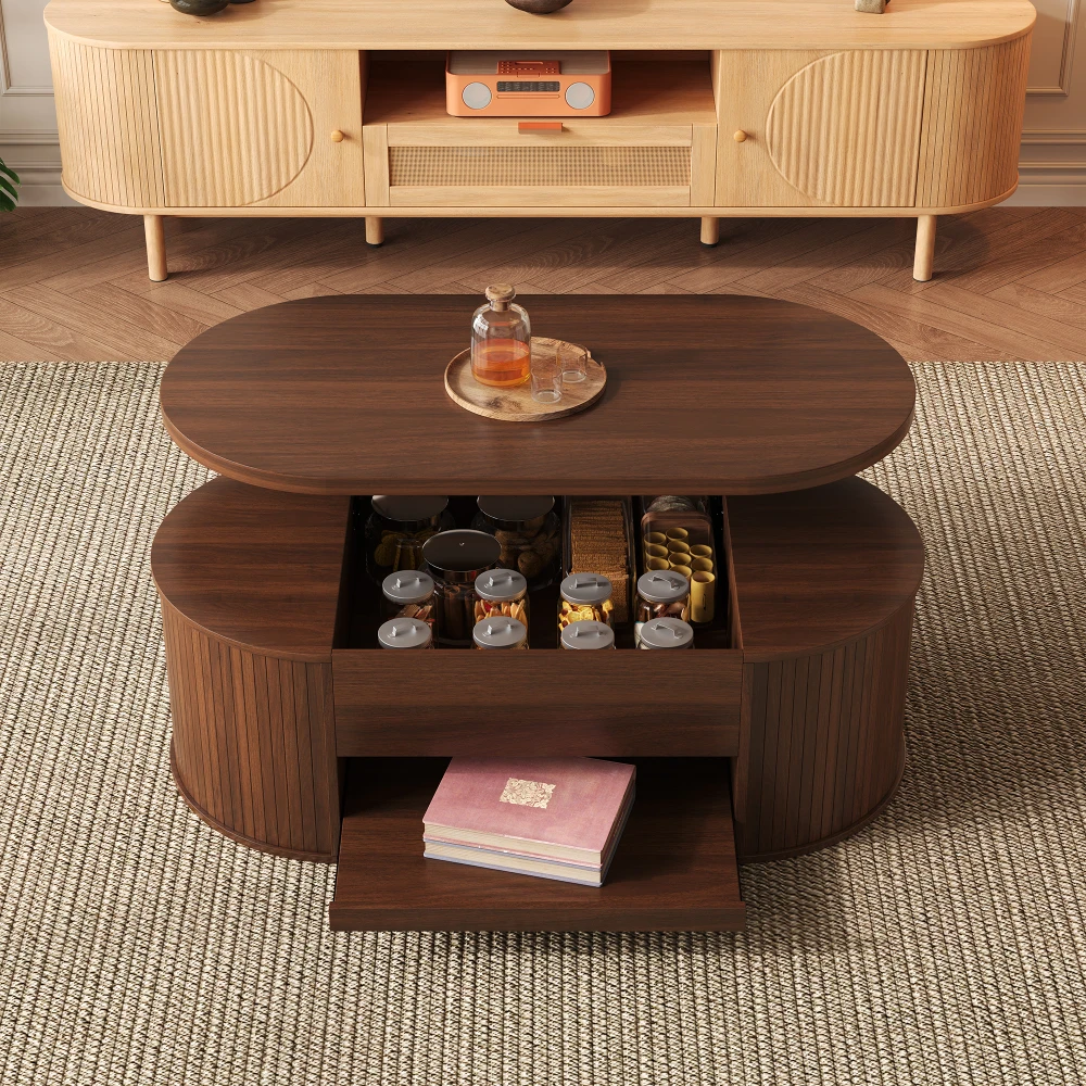 PINGGO Hebbarer Couchtisch mit gebogenen Holzseiten, ausziehbarer Ablage, anhebbarer Tischplatte, multifunktionale Wohnzimmermöbel – Detail 11