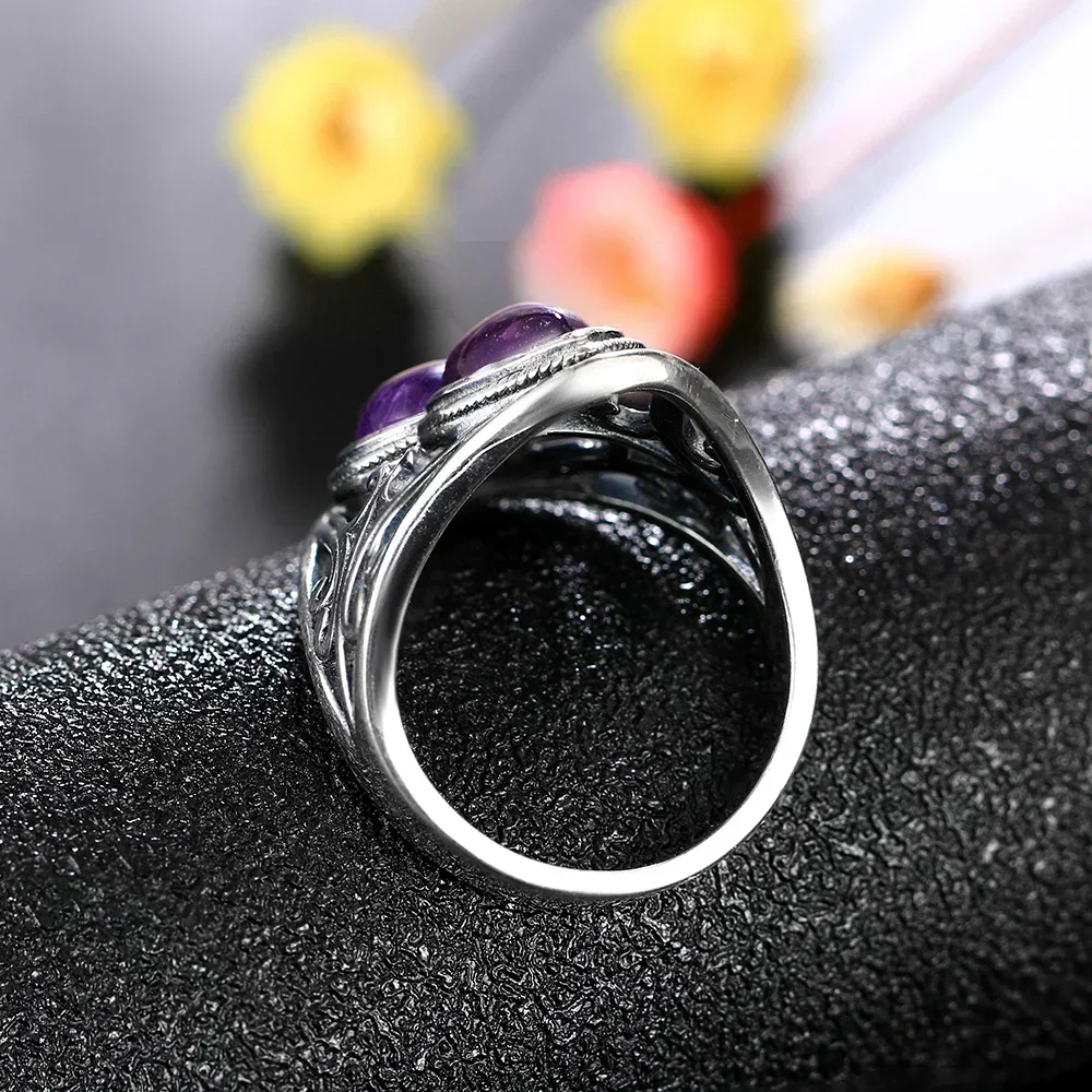 Silver Ring S925 Sterling Vintage With Natural Amethyst Two Stone Waterdrop Shape For Women
