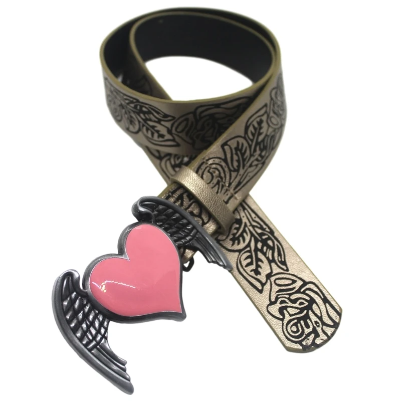 

95AB поясной ремень с гравированной пряжкой для ковбойской девушки-ковбойки с розовым сердцем, винтажный пояс, поясная цепочка