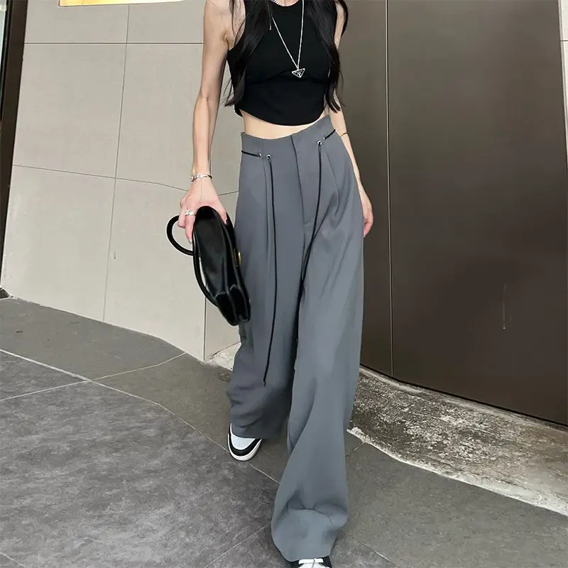 Women's 2023 Summer Commute Solid Color Chiffon Casual Full Length Straight Loose High Waist Zipper Drawstring Wide Leg Pants