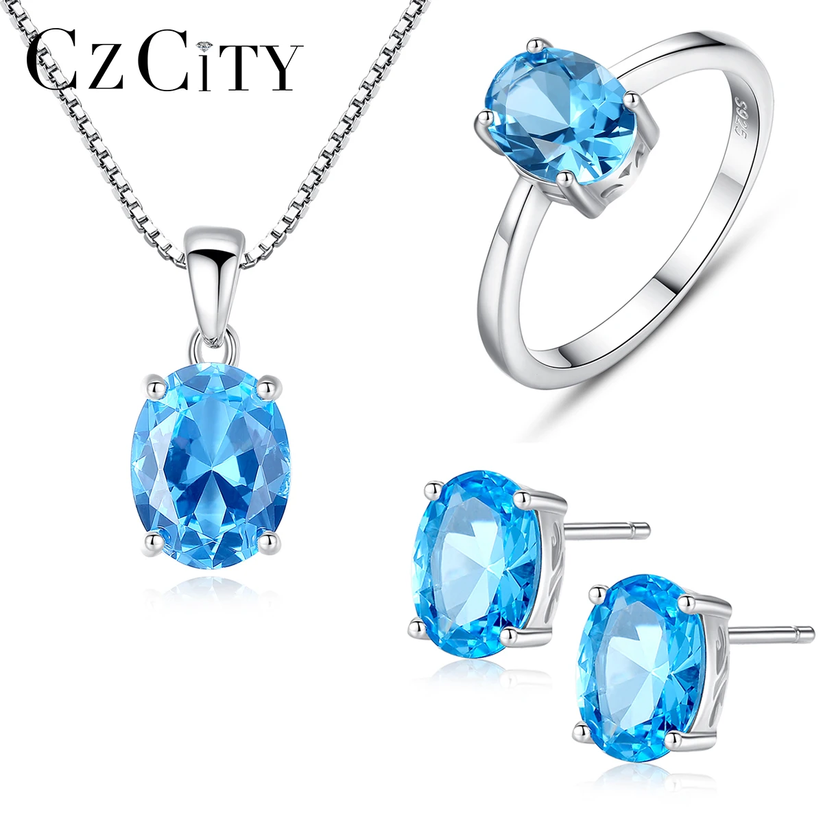 

CZCITY Sapphire Jewelry Set Zircon S925 Sterling Silver Sky Blue Gemstone Wedding Bridal Elegant Fashion Jewelry Christmas Gifts