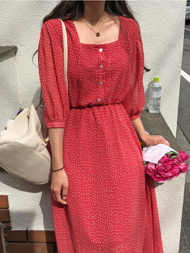 Women Summer Dresses Vintage Korean Style Design Clothes Half Sleeve Red A Line Slim Waist Polka