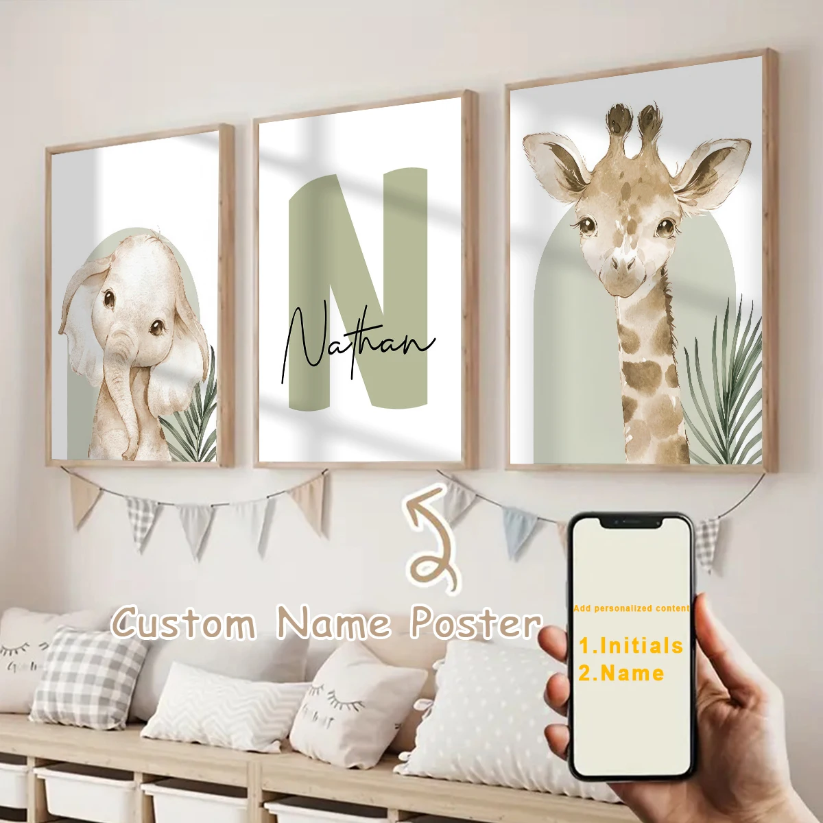 3pcs/set Customized Personalized Name Safari Canvas Print Animals Elephant Giraffe Nursery Birthday Gift Poster for Home Decor 1