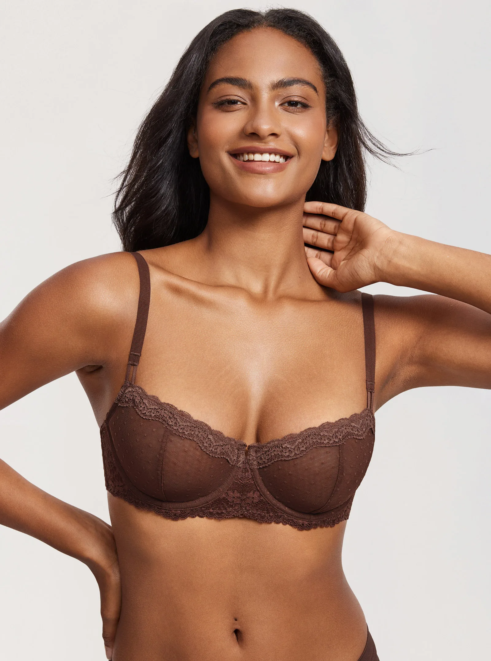 DOBREVA Women's Sexy Lace Balconette Bra Push Up Underwire Unlined Demi Sheer Plus Size Transparent Bralette Pink Red