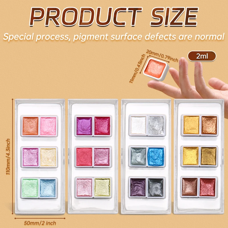 6 Colors Metallic Watercolor Glitter Solid Pigment,Professional Flash Golden Slivery Starry Iridescent Paints for Adults,Artists 6