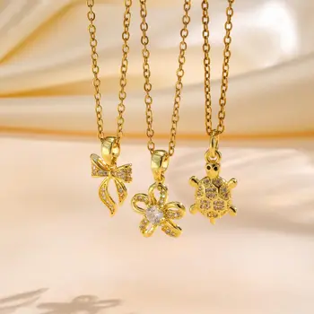 Vnox AAA Zircon Flower Bowknot Turtle Necklace For Women, Girl New Style Animal Elements Pendant, Trendy Jewelry Gift Party