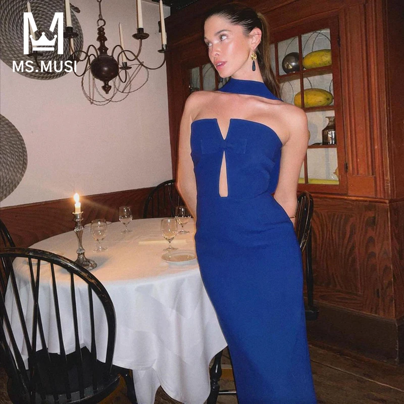 

Новинка 2023, модное женское сексуальное платье MSMUSI без бретелек с бантом и воротником, с вырезами, без рукавов, облегающее платье с открытой спиной, платье-Макси