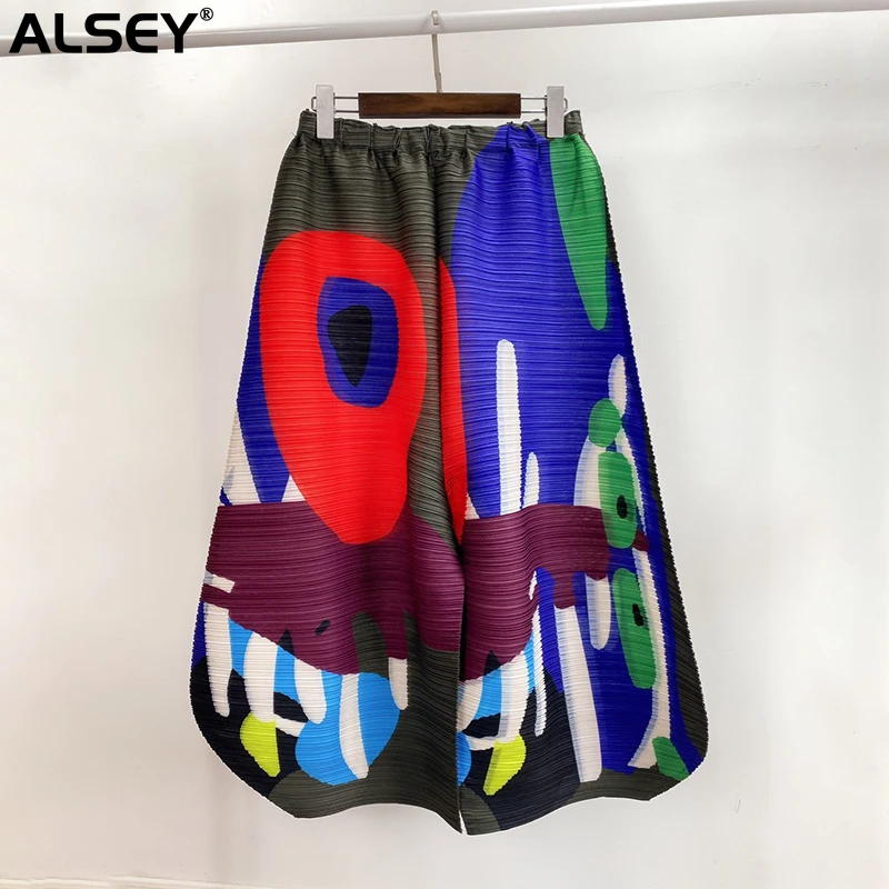 

ALSEY Miyake Pleated Women's Wide Leg Pants Printed Art Elastic Waist High Waisted Loose Casual Slim 2023 New Autumn Women's