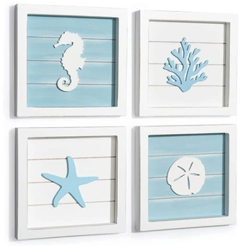 Ocean Theme Wall Decor Rustic Beach Decor with 3D Starfish Seahorses Wooden Frame Sign Beach Bathroom Decorations For Home 1
