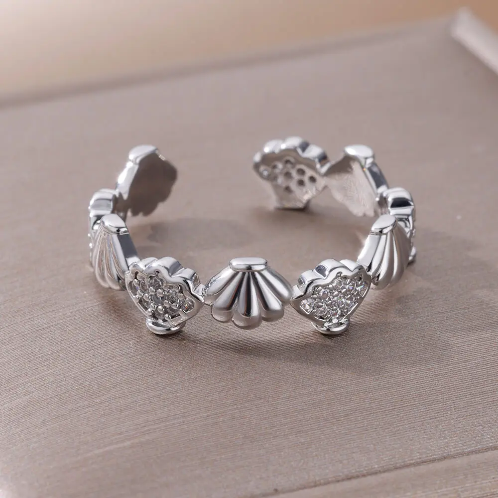 Zircon Shell Opening stainless steel Adjustable gold plated ring for women