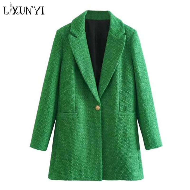 

LXUNYI Green Tweed Woolen Coat Women 2023 Spring Autumn Single Breasted Loose Formal Texture Vintage Jacket Medium Long Coat