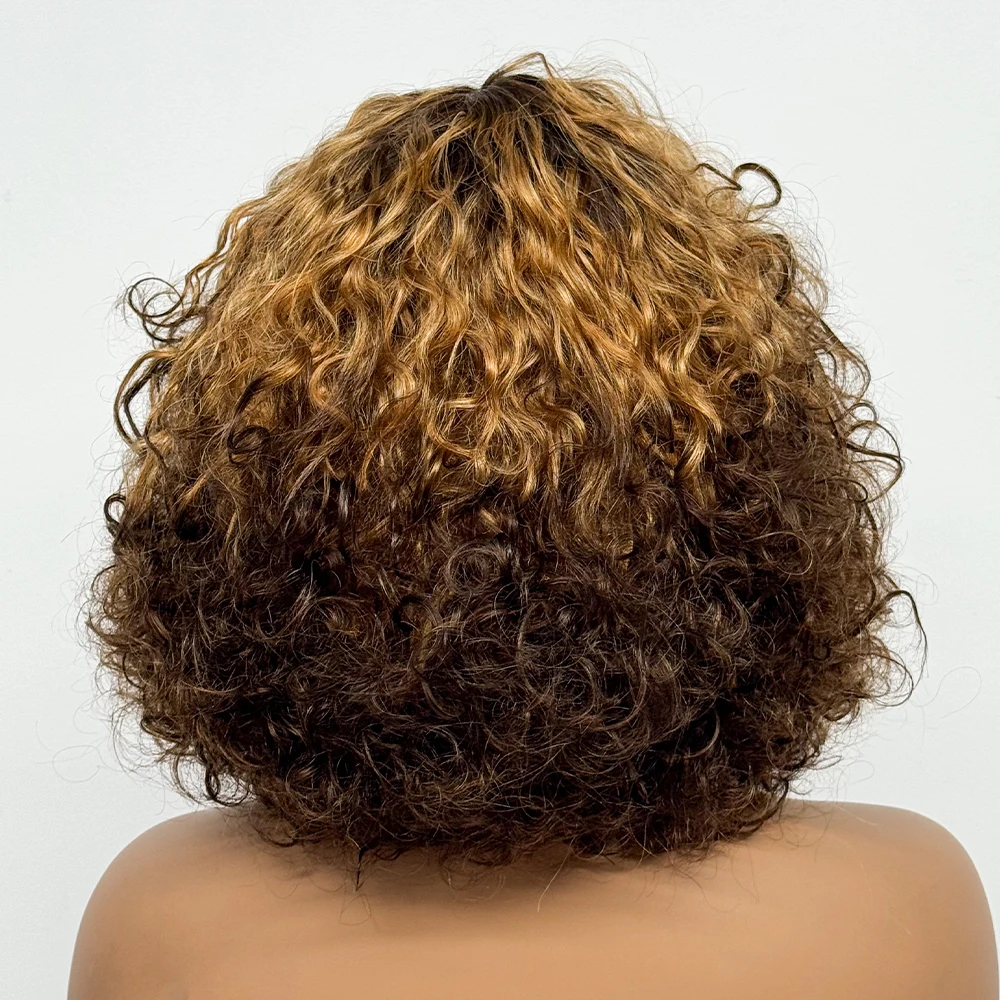 250% Density Water Wave Short Bob Human Hair Wigs With Bang Honey Blonde Ombre Color For Black Women Full Machine Made Wigs