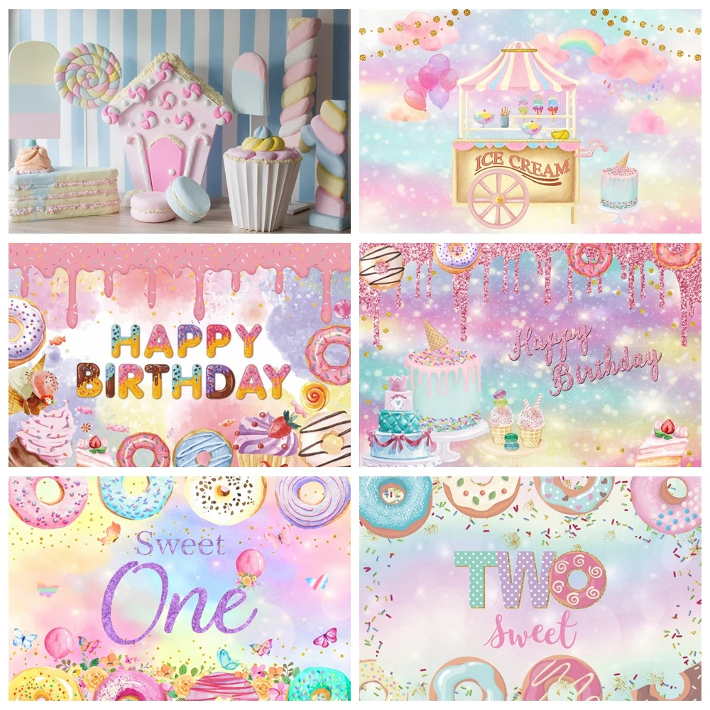 

Candyland Candy Bar Birthday Backdrop Photography Girls Newborn Baby Shower Sweet Ice Cream Donut Lollipop Shop Theme Background