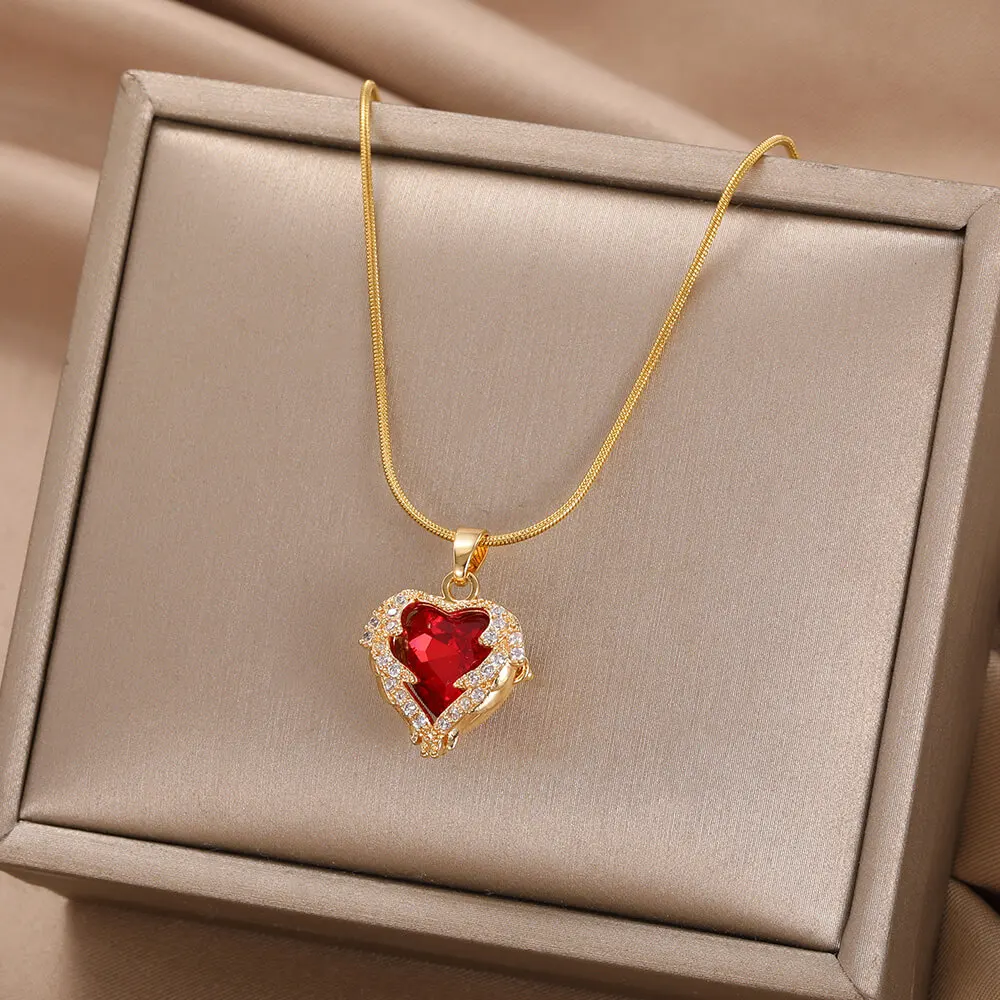 Zarte Emaille-Herz-Anhänger-Halsketten für Frauen in Goldfarbe, Schwarz, Rot, Liebestropfen-Halsketten, Modeschmuck, Geschenke zum Valentinstag_voghion.com
