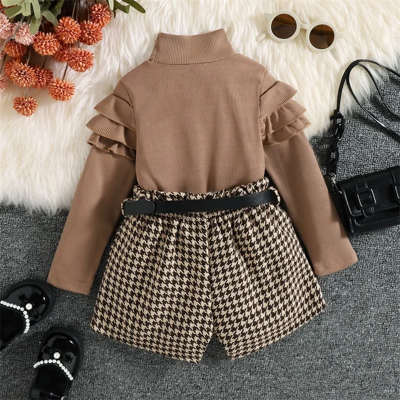 1-6Y Kids Girls Autumn Clothes Set Baby Ruffle Long Sleeve High Neck Ribbed Tops + Houndstooth Short Pant + Belt Children Outfit, kids clothing set,girls clothing set