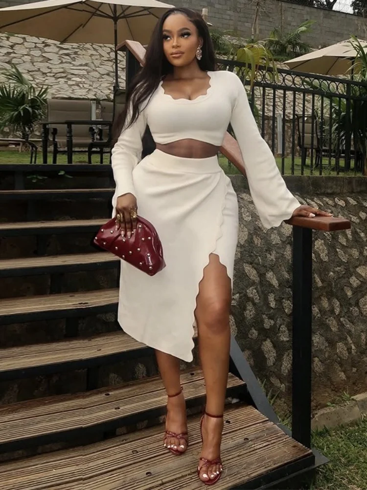 Wmstar Two Piece Set Women Wholesale Stock Cross Border 2025 Autumn New Style Fresh Flared Sleeve Slim Solid Color Slit Suit