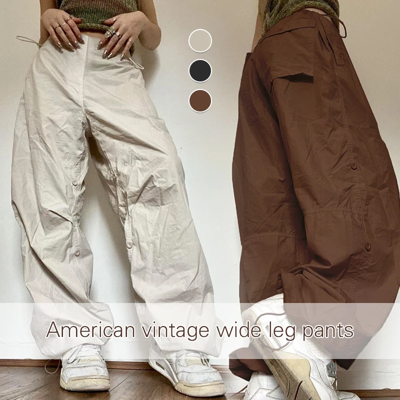 

Loose Fit Vintage Women's Cargo Pants with Drawstring Waist - Perfect for a Relaxed and Casual Look at Work or Play