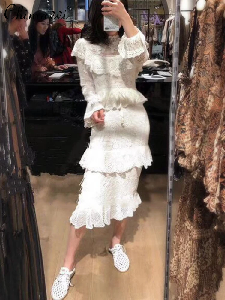 

Fashion Long Sleeve V-neck High Waist Women's A- Line Dress 2023 Autumn Winter Lace Stitching Embroidery Irregular Long Dress