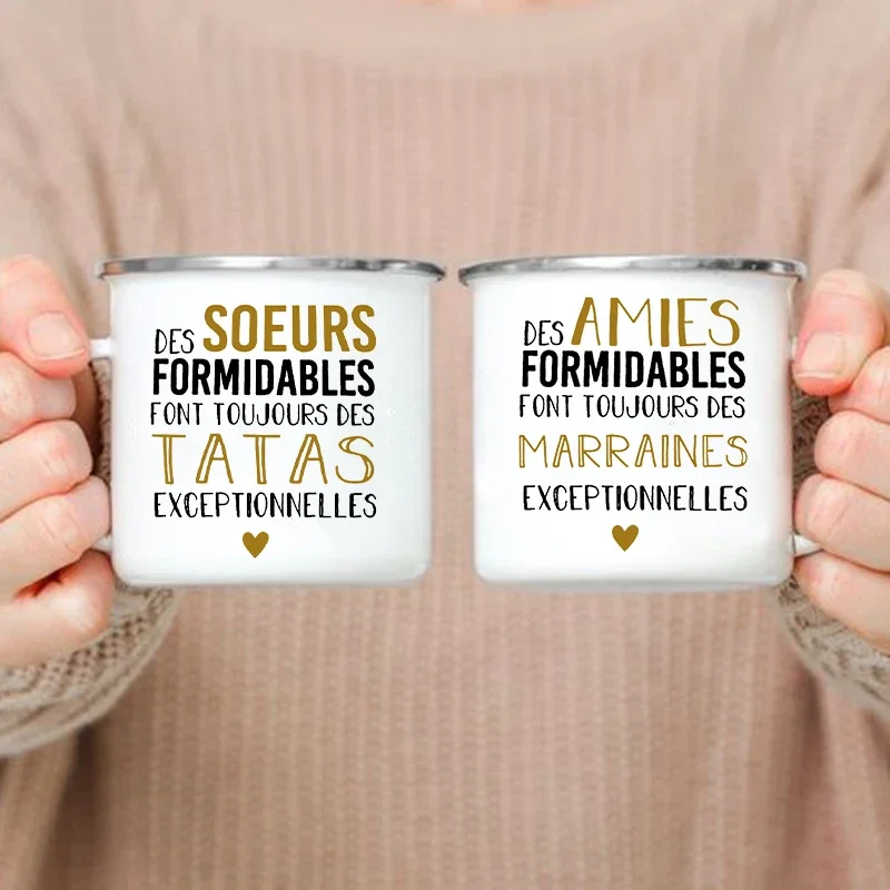 

French Printed Enamel Mug Sister Friends Drink Milk Coffee Cups Pregnancy Announcement Mugs Idea Gifts for Tata Marraine Mamies