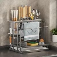 Kitchen Storage Shelf MultiFunction Kitchen Knife Stand Holder Sink Storage Rack Stainless Steel Soap Sponge Holder Towel Rack 1