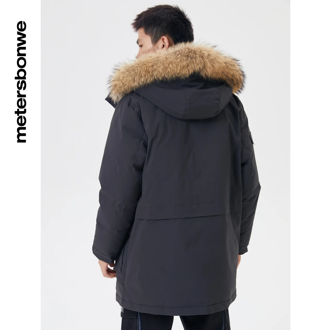 Metersbonwe Long Down Jacket Winter Men Fur Collar Hooded Thick Winter Down Coat Fashion Overcoat Pocket  Red Outerwear Warm