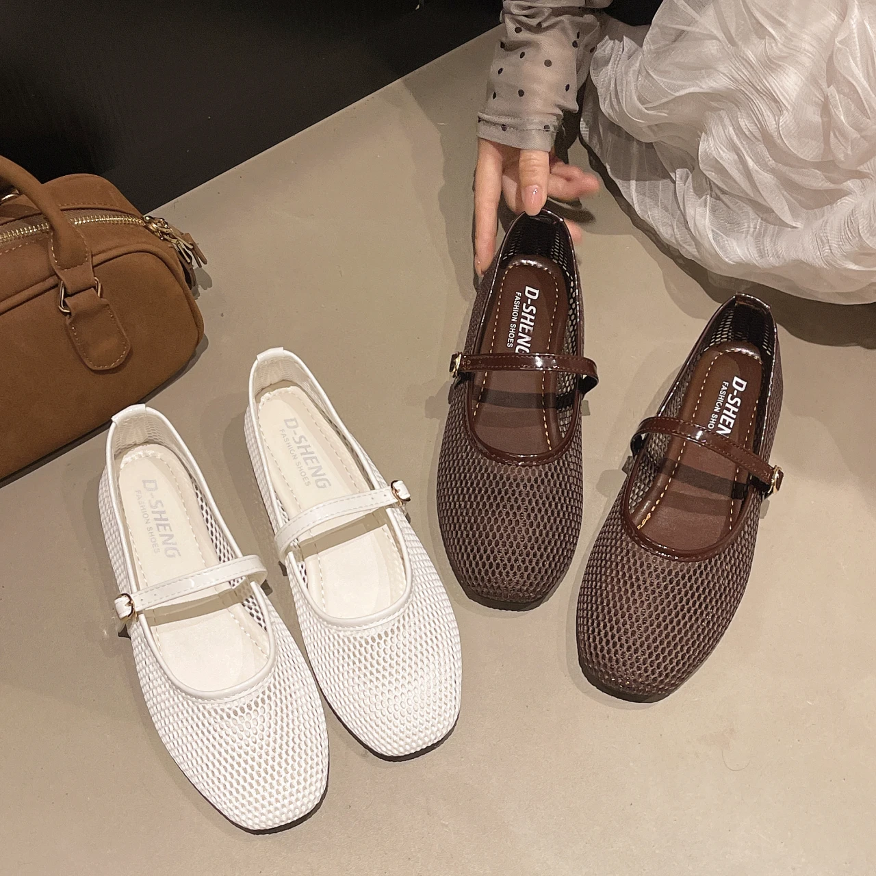 Women Mesh Ballet Flats Fishnet Ballerina Flats Buckle Strap