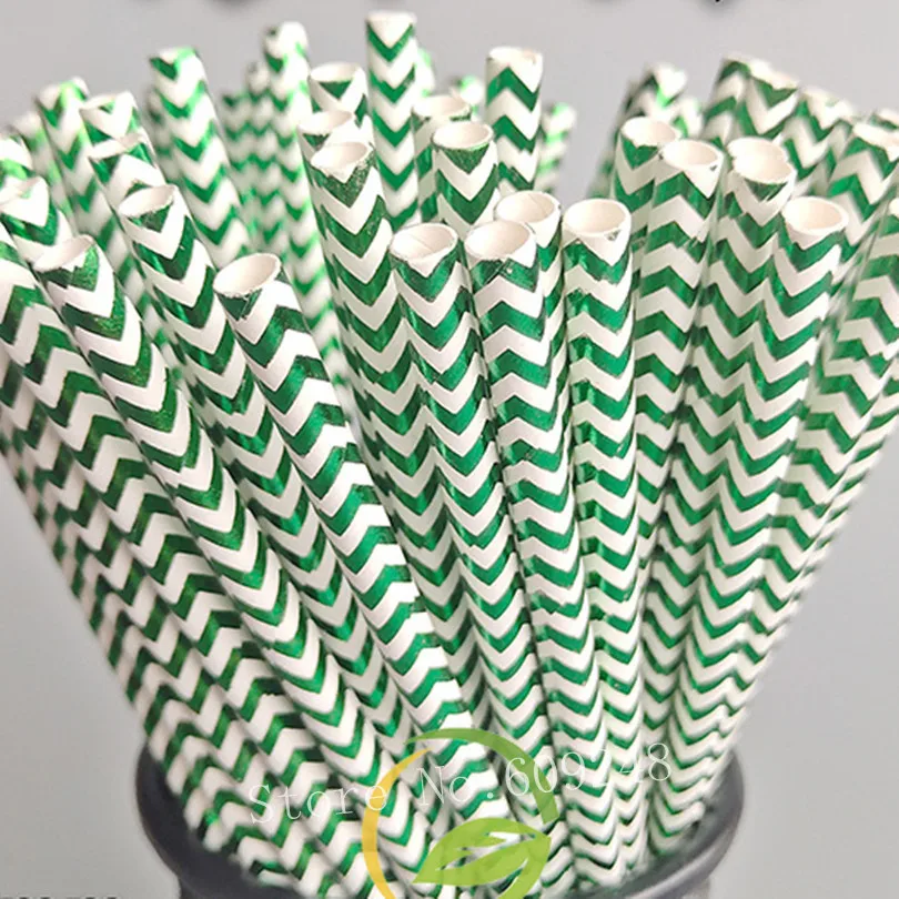 100 Pcs Green Foil Chevron Paper Cannucce, Metallic Zig Zag Wave Christmas St. Patrick'S Day Beverage Juice Picnic Party Drinking