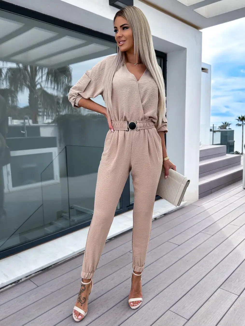 

Casual New Jumpsuit Women's Half Sleeve V Neck Pocket Collage Elastic Waist Slim-Fit Pants Pencli Pants Commuting Clothes