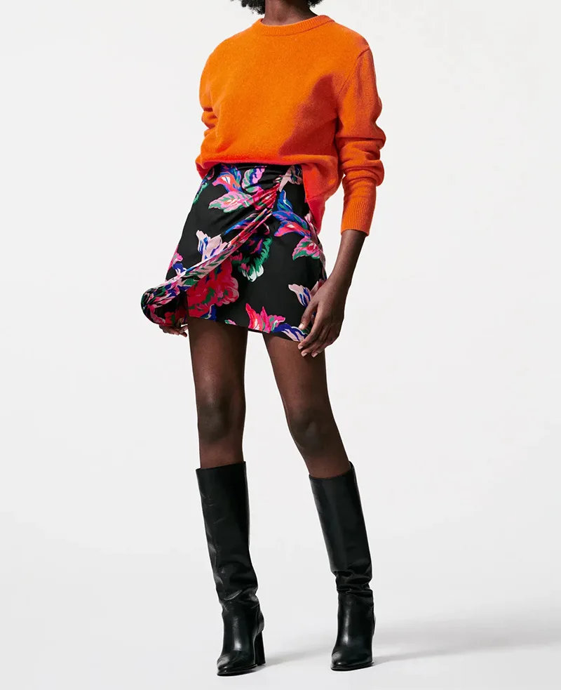 

FOLOBE 2022 Women's Diagonal Skirt Printed Short Skirt Flower Printed A-line Mini Skirt British Commuter Female Skirts Mujer