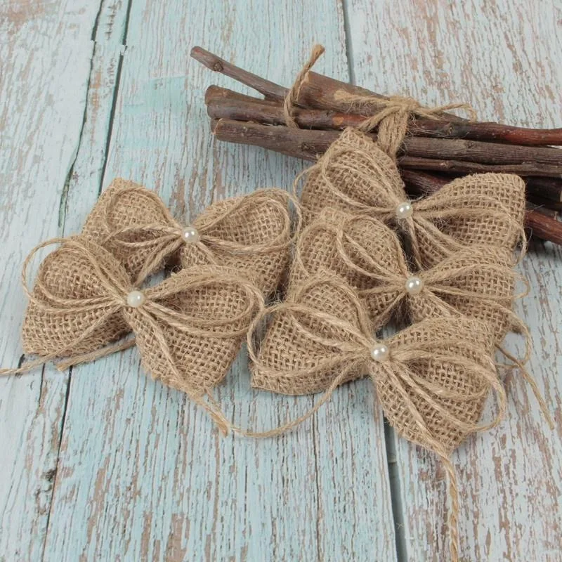 Jute Burlap Hessian Bow with Artificial Bead 10pcs/lot Vintage Wedding Decoration Handmade Craft DIY Christmas Decoration