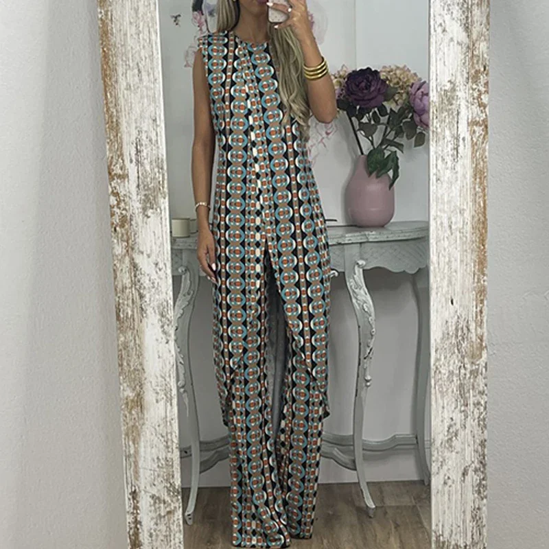 Summer Women Print High Street Two Piece Set Fashion Casual Loose Bohemian Outfit Lady O Neck Sleeveless Long Top+ Long Pant Set