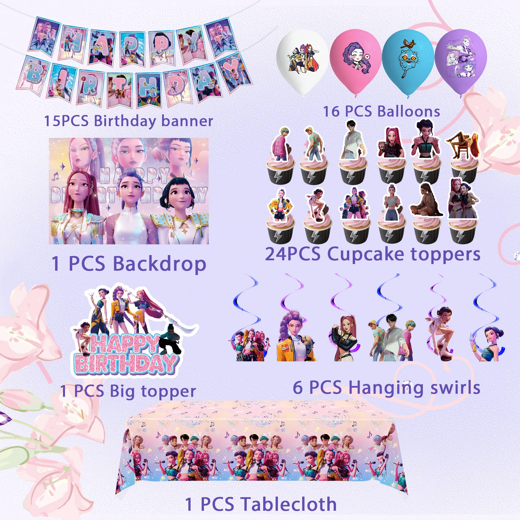 Décorations De Gâteau Et Cupcakes Thème Kpop Huntrix - 1 Grand Topper + 12 Petits - Pour Anniversaire Enfant Fan