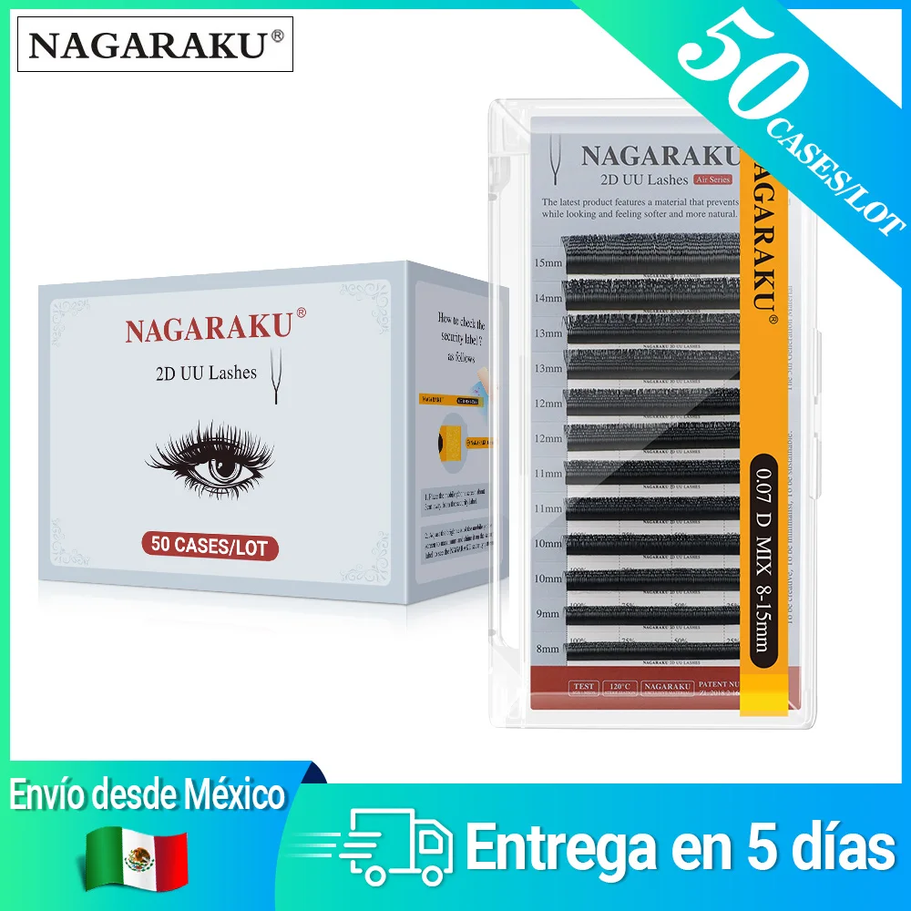NAGARAKU 50 Estuches de Pestañas 2D UU, Envío Rápido desde Almacén en México, Pestañas de Visón Premium en Forma de U