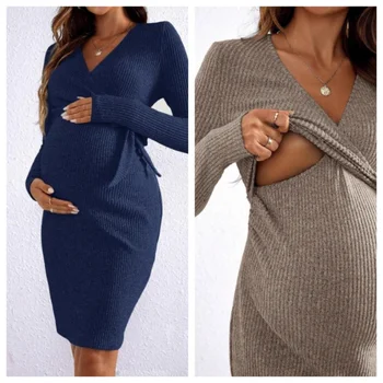 European and American Pregnant Women's V-neck Long Sleeved Hip Hugging Skirt Knitted Nursing Strap Dress