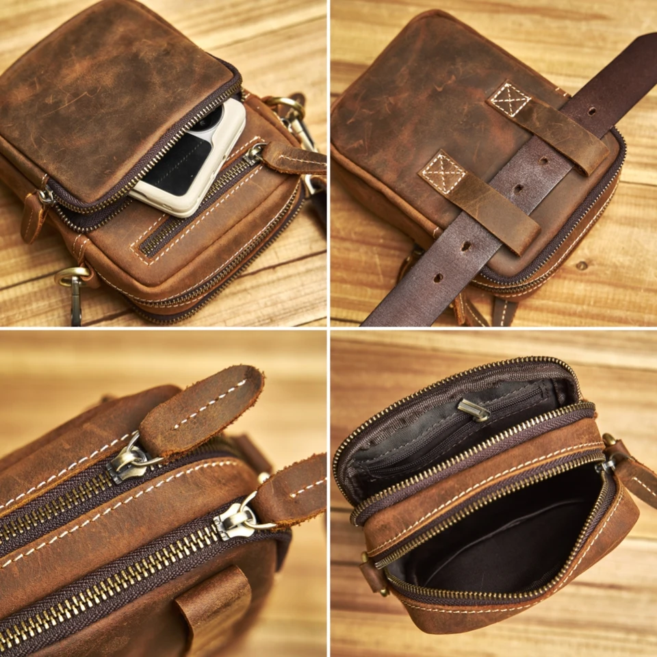 Sac Banane Cuir Crazy Horse Homme - Portefeuille & Téléphone - 19 Cm - Marron - Contacts