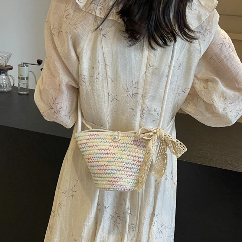 Women's Casual Cotton Woven Handbag Summer Beach Bag Small Shell Weave Shopper Tote with Lace Ribbon Shoulder Crossbody Strap