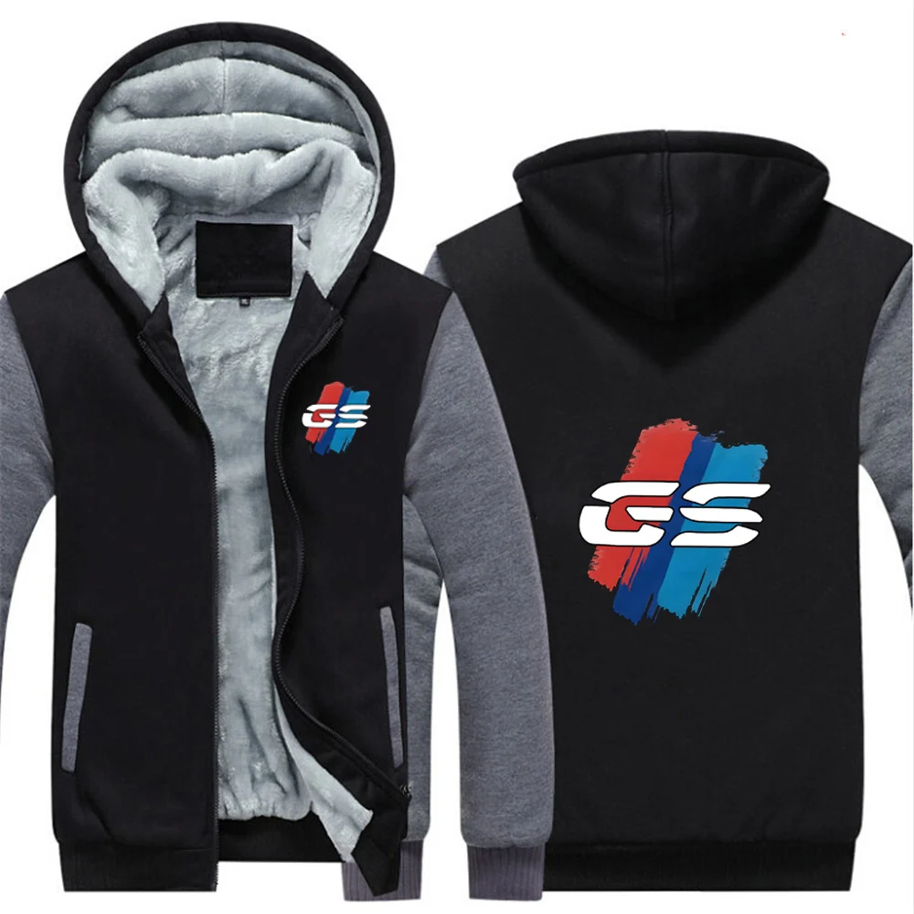 GS adventure fleece-lined zip hoodie in Black/Grey patchwork, front and back view