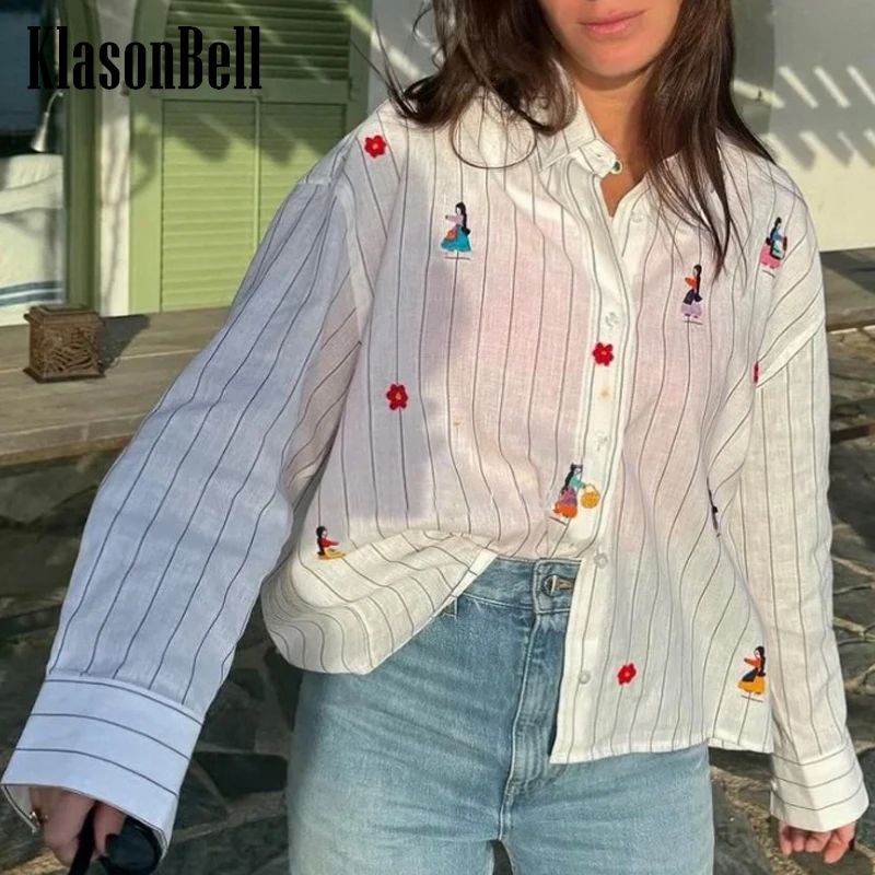 

5,24 KlasonBell богемный стиль рубашка ручной работы с мультяшной вышивкой в полоску Женская свободная универсальная льняная блузка с длинным рукавом